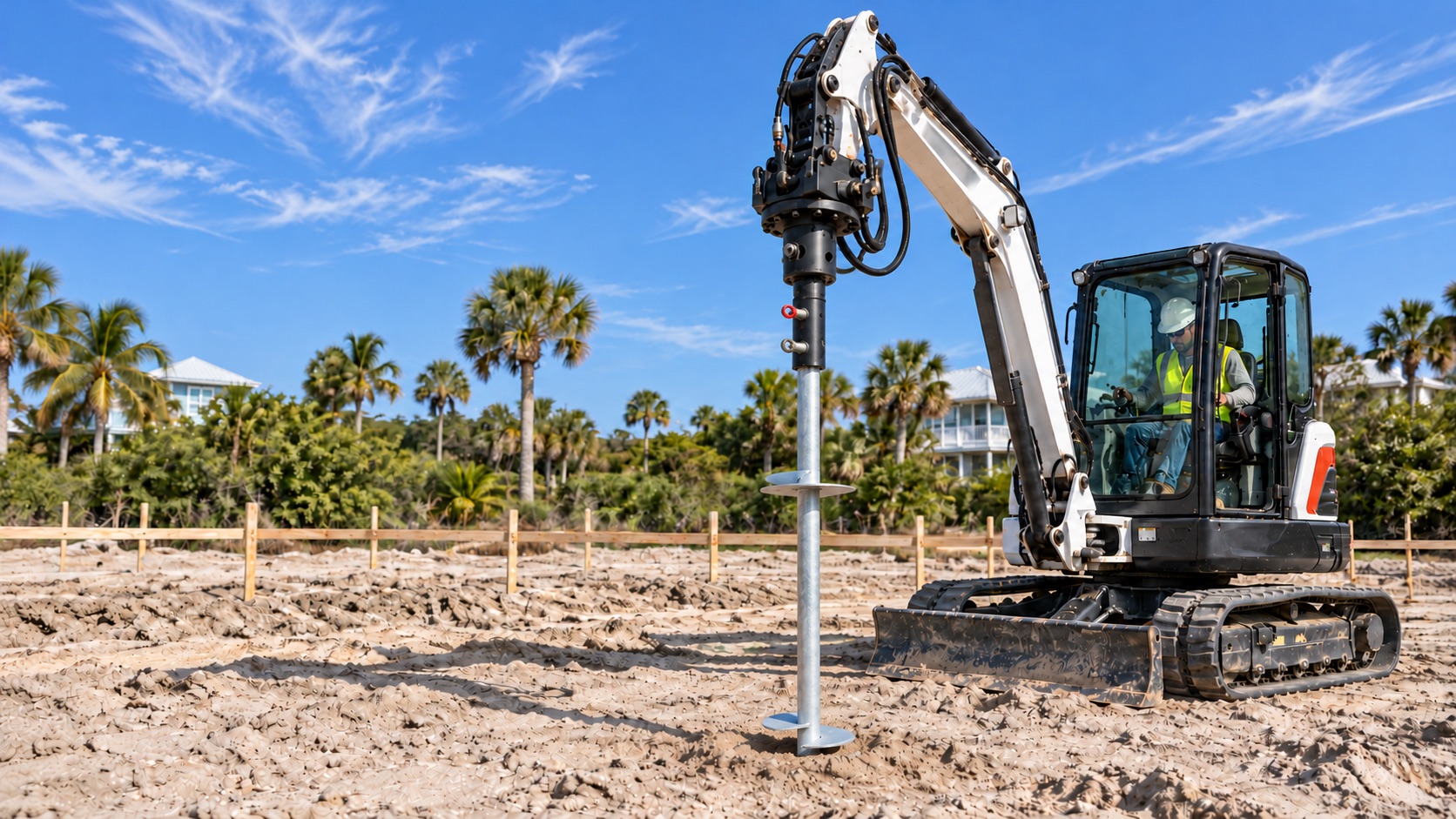 Helical pile being installed in soil at a construction site