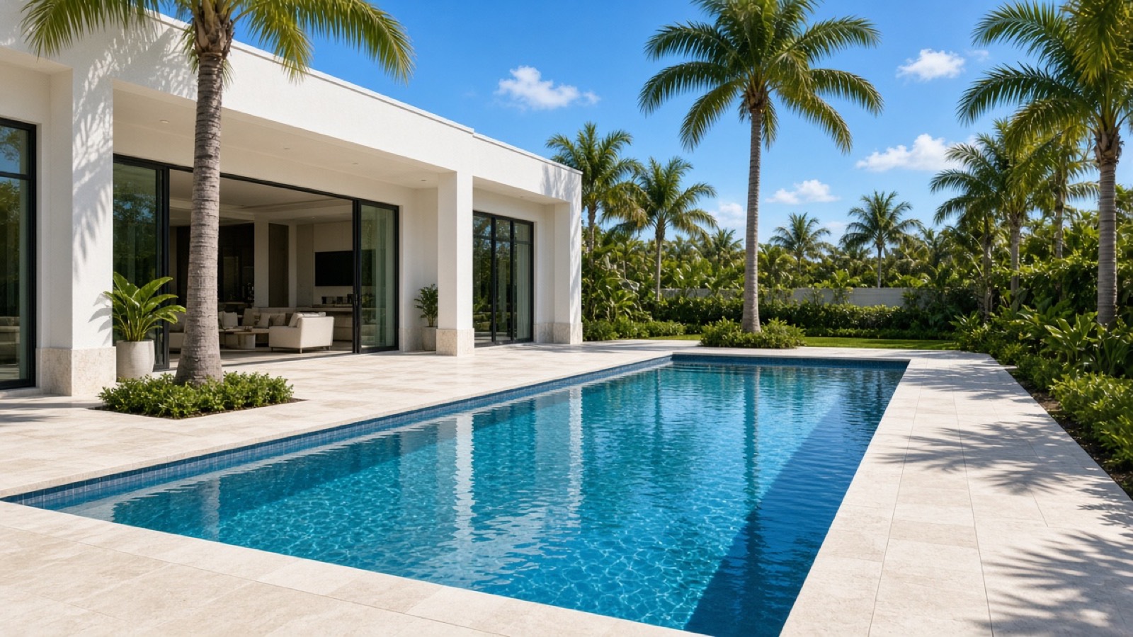 Rectangular pool beside a modern Florida home
