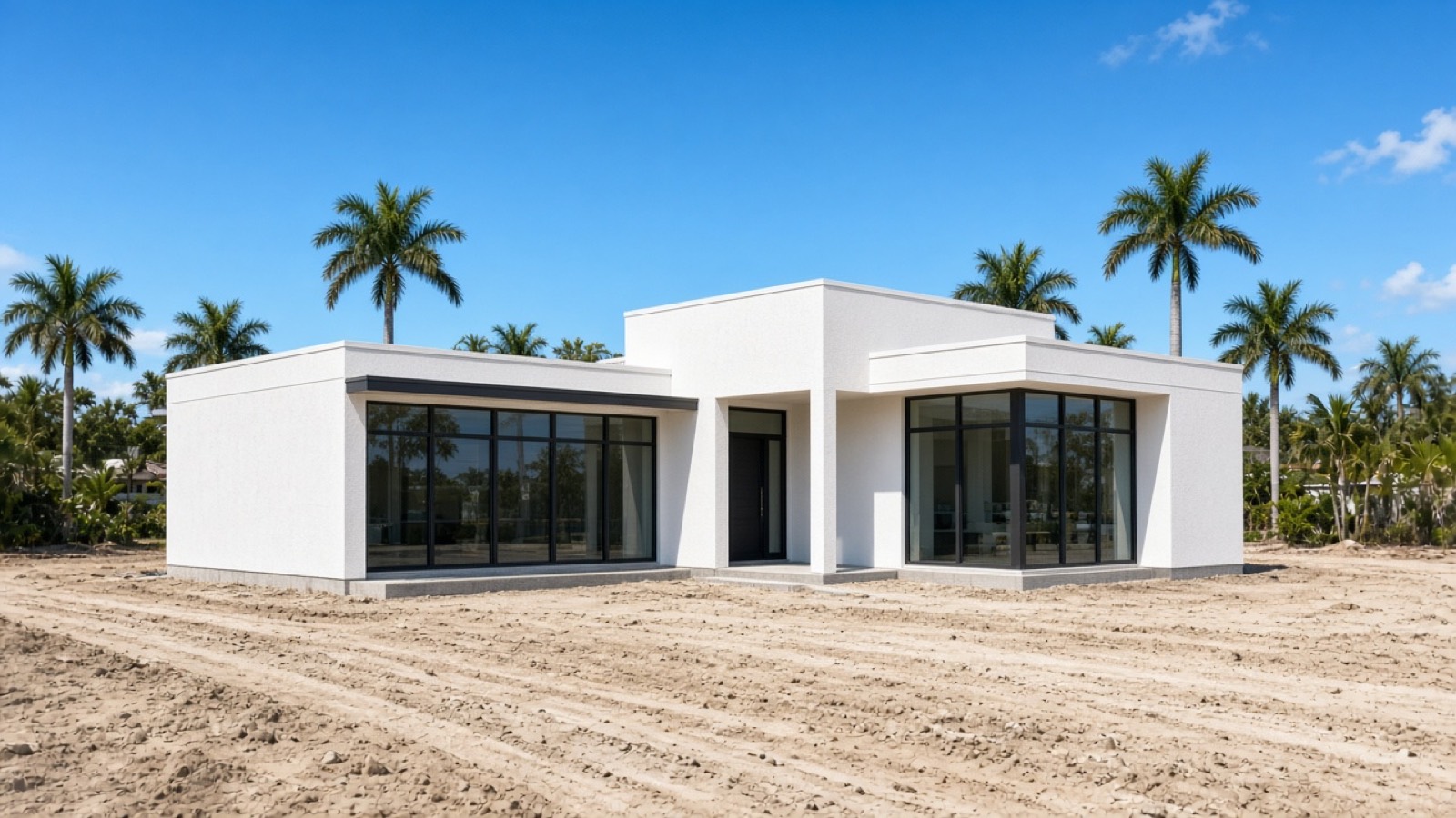 New white stucco home on a sandy Florida lot