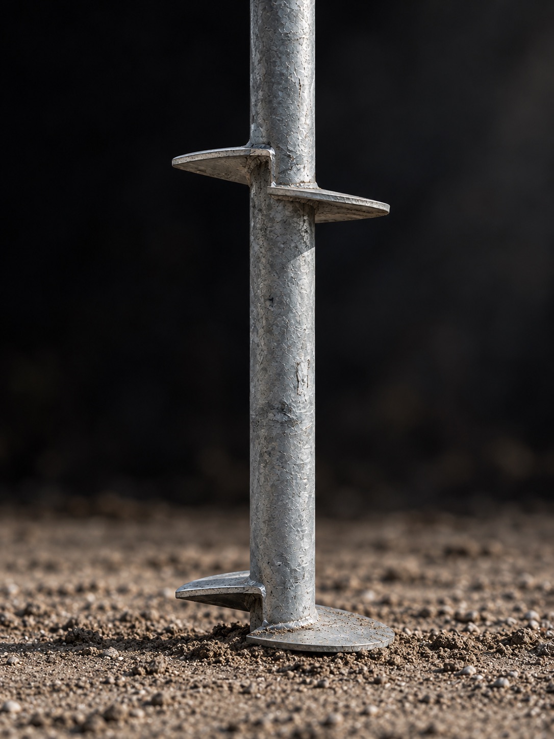 Mud-coated helical pile screwed into dark soil