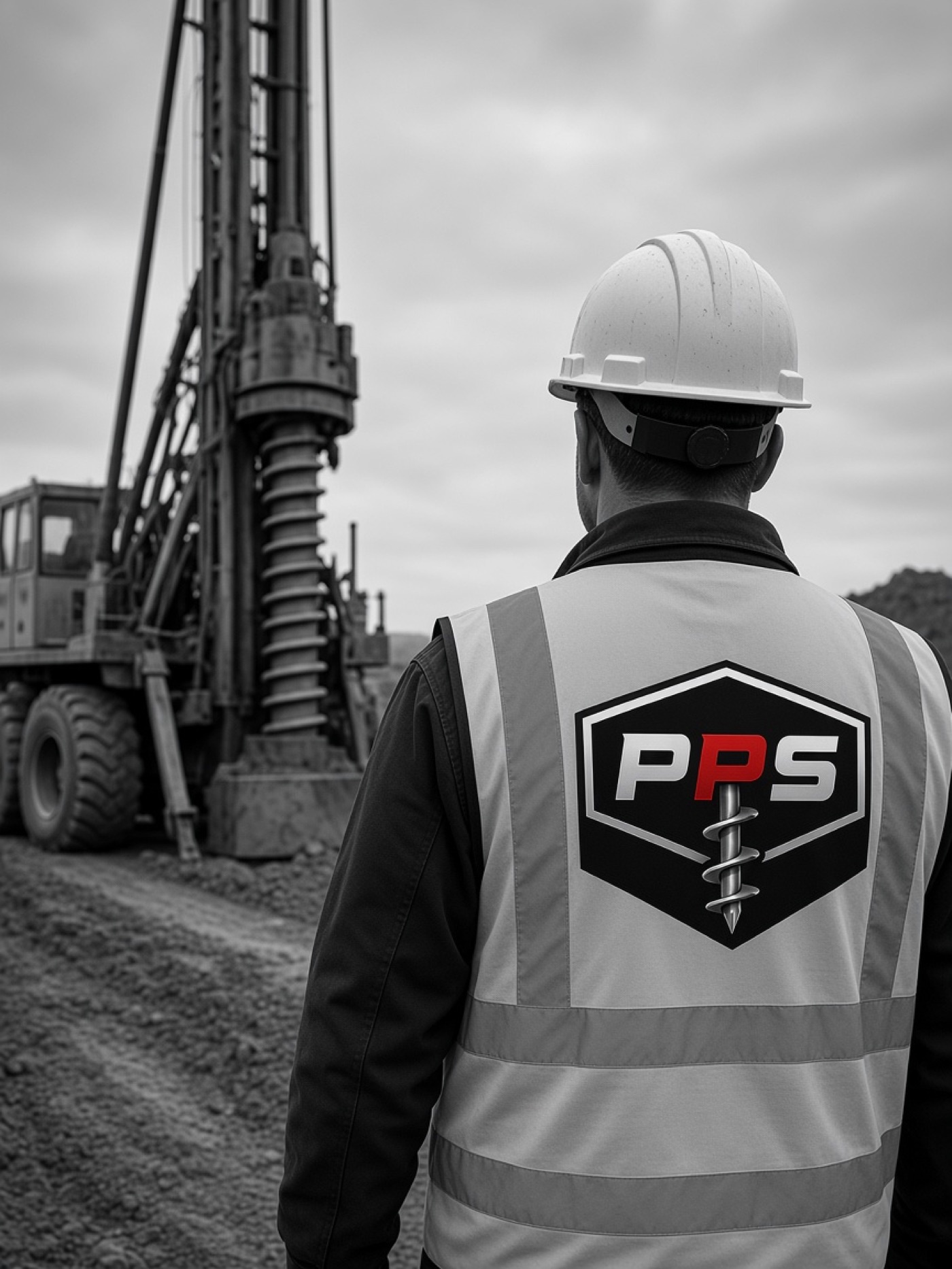 Precision Piling crew member facing a helical pile drill rig